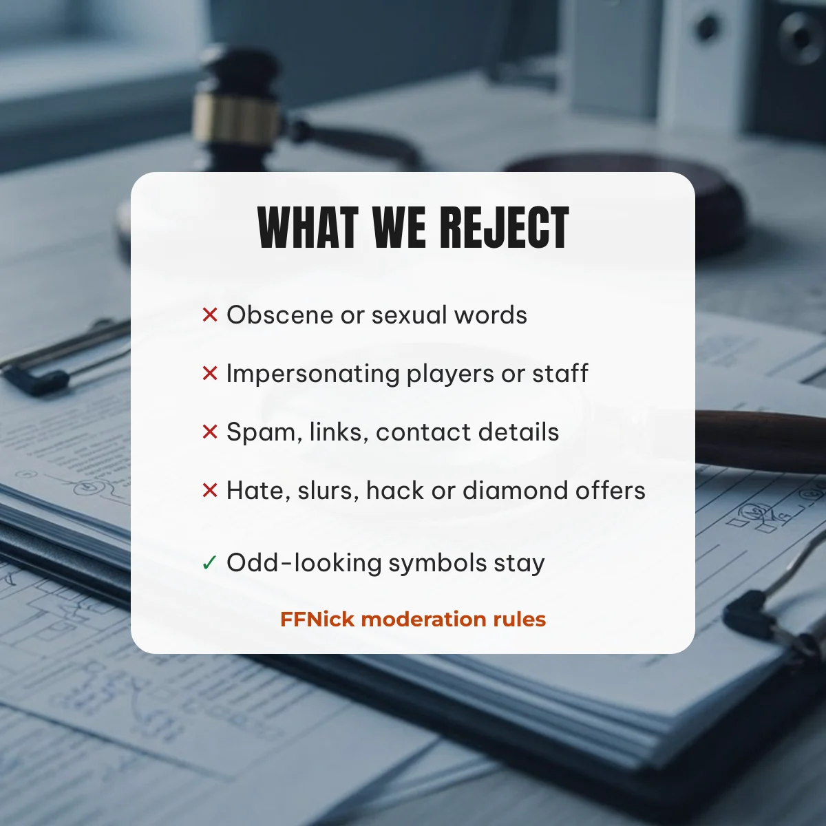 What FFNick rejects when moderating submitted FF names