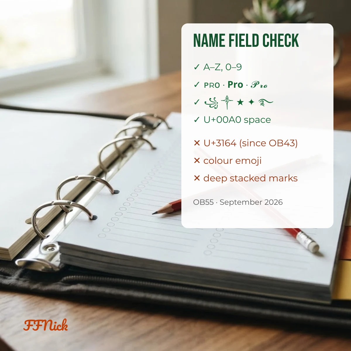 Free Fire name field check: which characters are accepted and refused on OB55