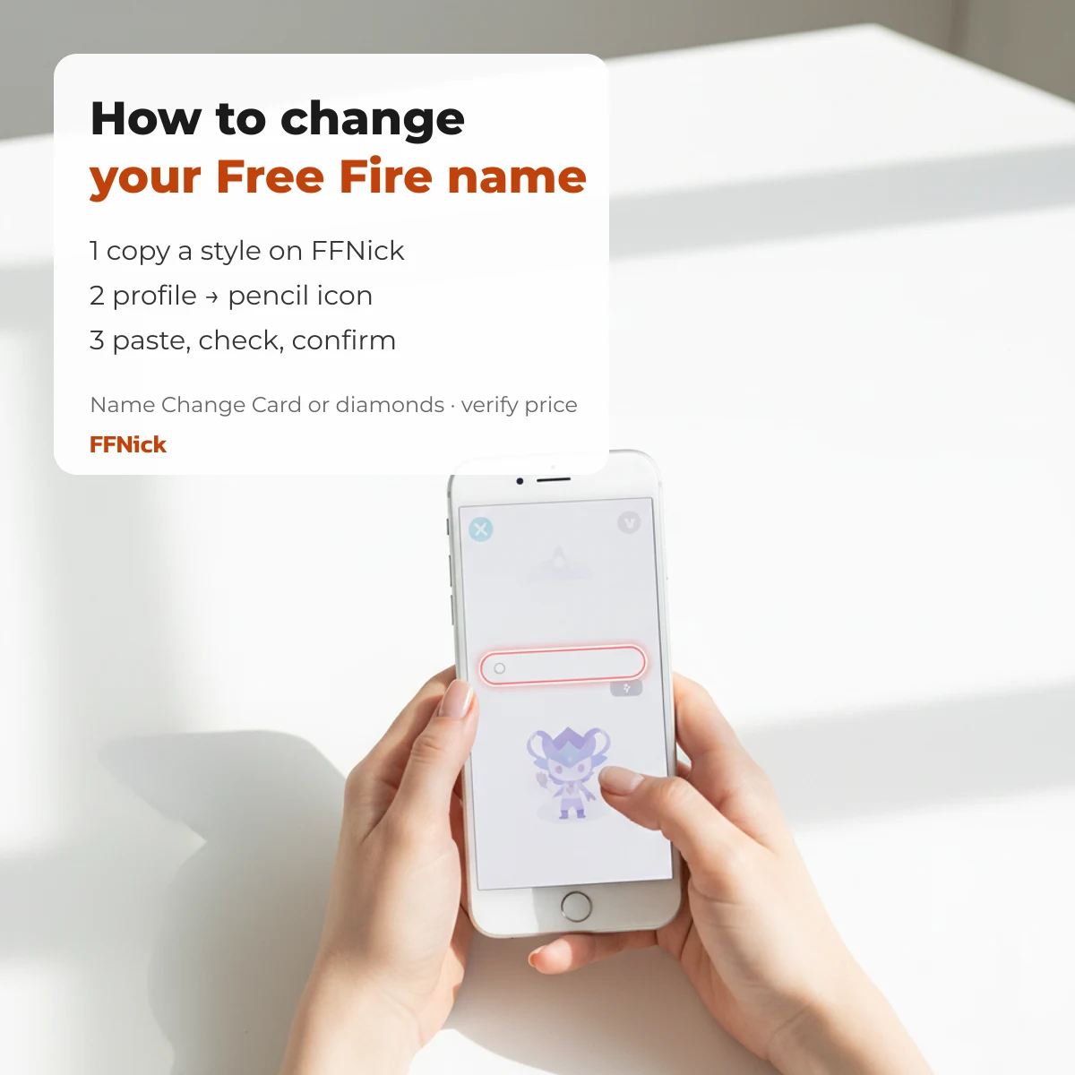 How to change your Free Fire name: copy a style, open profile, paste and confirm